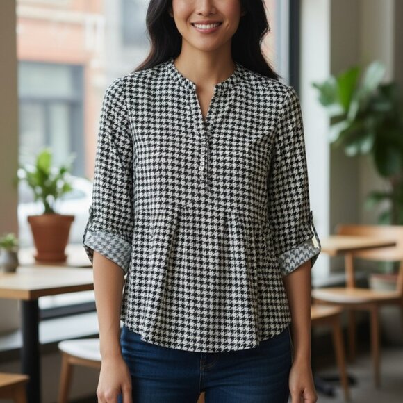 Wonderly Stylish Black and White Houndstooth Women's Top - Picture 9 of 16